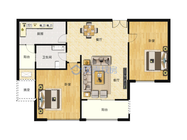 居室：2室2厅1卫 建面：104m²