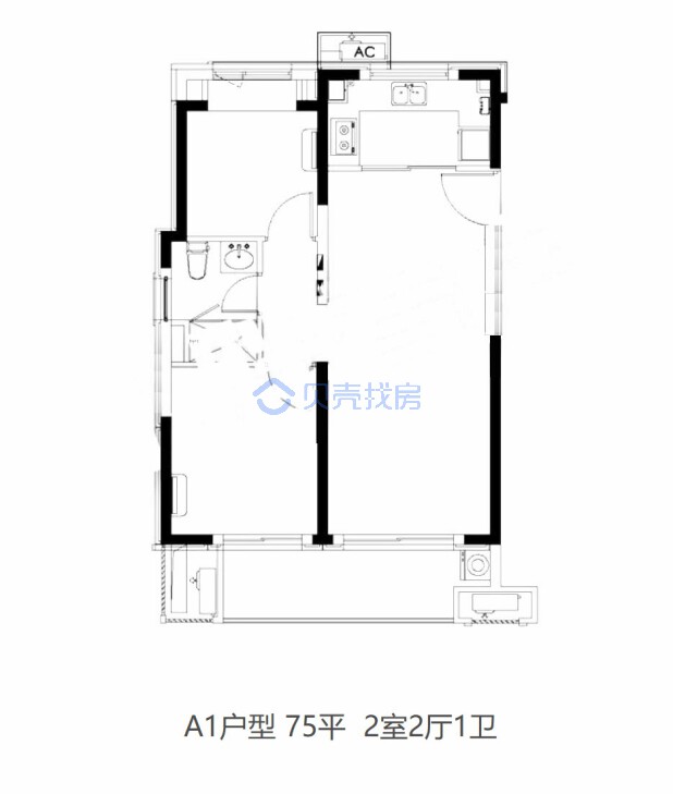 居室：2室2厅1卫 建面：75m²
