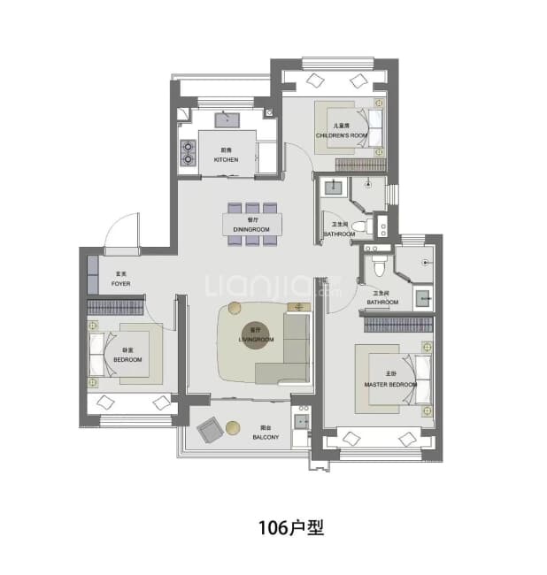 居室：3室2厅2卫 建面：106m²