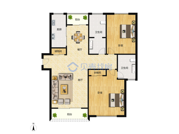居室：2室2厅2卫 建面：121m²