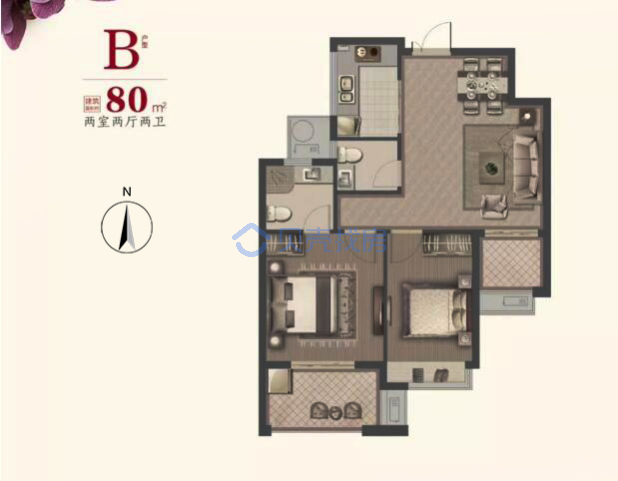 居室：2室2厅2卫 建面：80m²