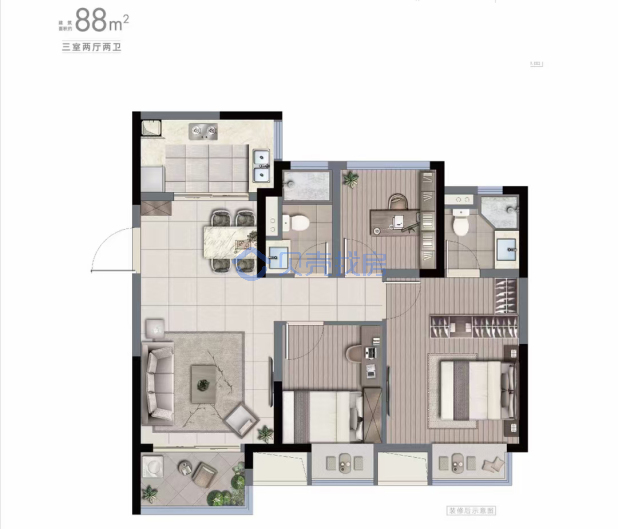 居室：3室2厅2卫 建面：88m²