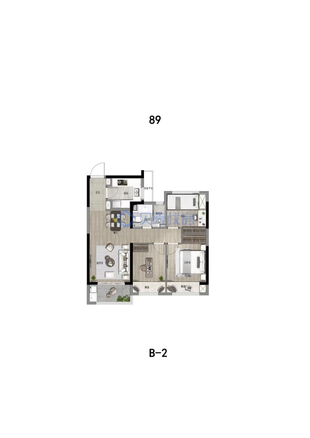 居室：3室2厅1卫 建面：89m²