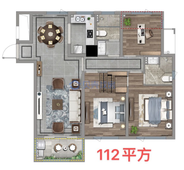 居室：3室2厅2卫 建面：112m²