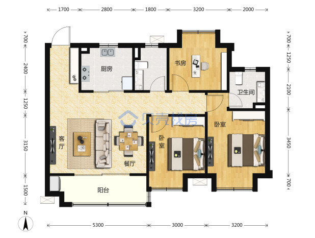 居室：3室2厅2卫 建面：107.9m²