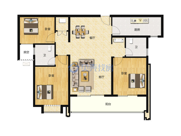 居室：3室2厅2卫 建面：115m²