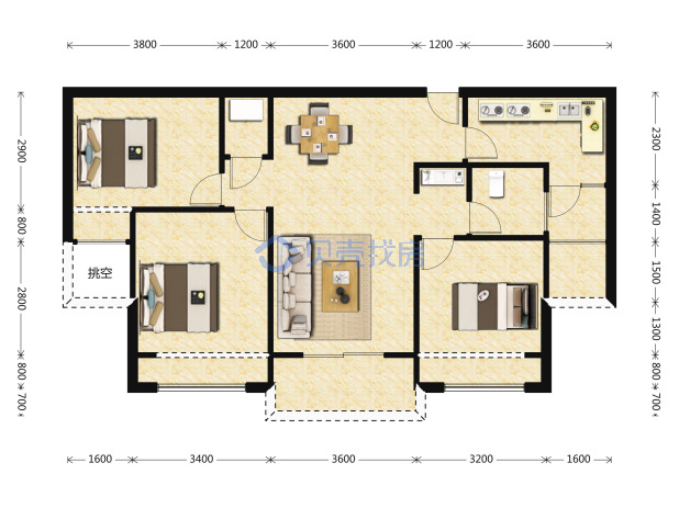 居室：3室2厅1卫 建面：106m²