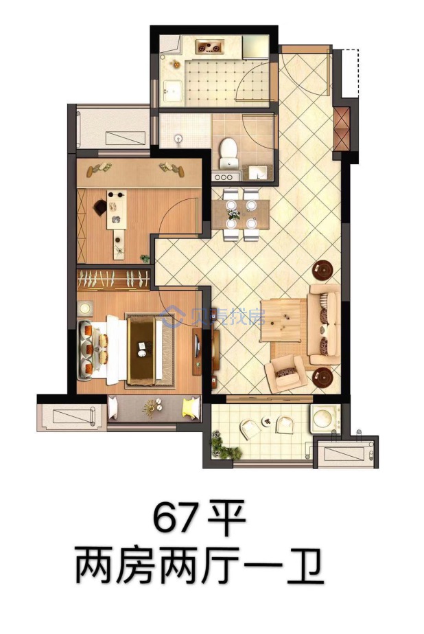 居室：2室2厅1卫 建面：67m²