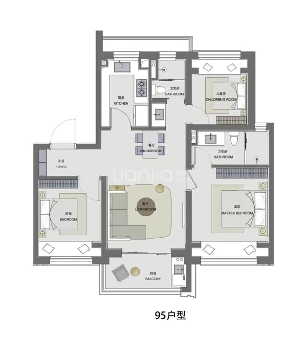 居室：3室2厅2卫 建面：95m²