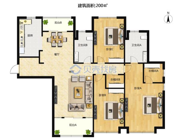 居室：3室2厅2卫 建面：200m²
