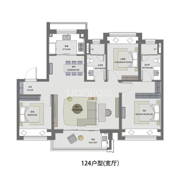 居室：3室2厅2卫 建面：124m²