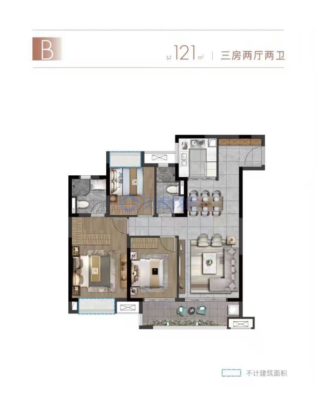 居室：3室2厅2卫 建面：121m²