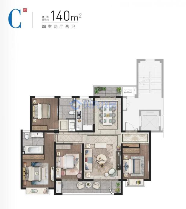 居室：4室2厅2卫 建面：140m²