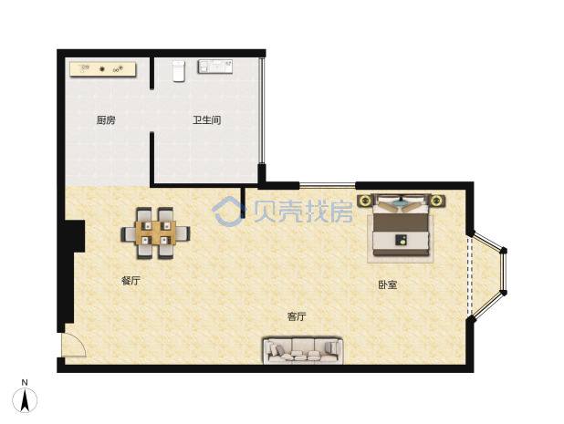 居室：1室2厅1卫 建面：63m²