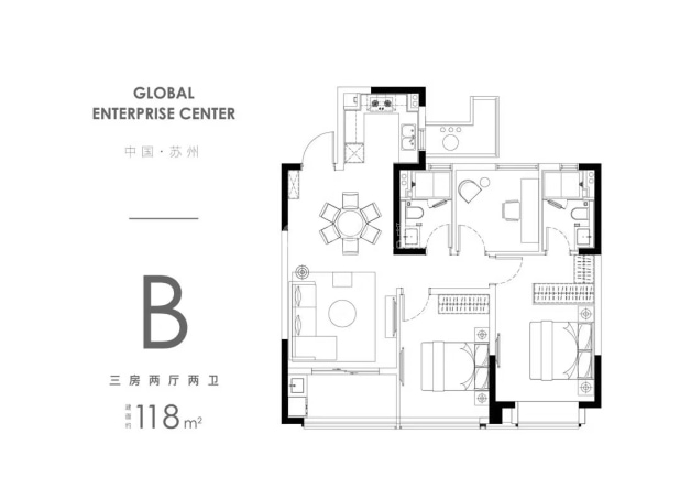 居室：3室2厅2卫 建面：118m²