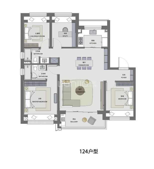 居室：4室2厅2卫 建面：124m²