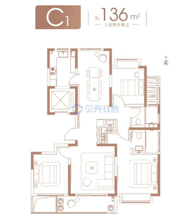 居室：3室2厅2卫 建面：136m²