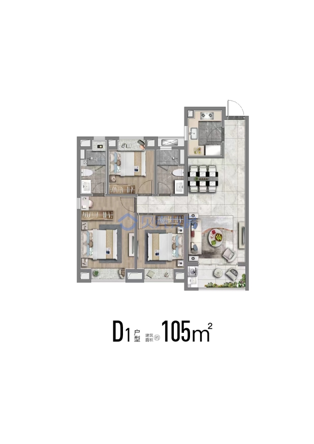 居室：3室2厅2卫 建面：105m²
