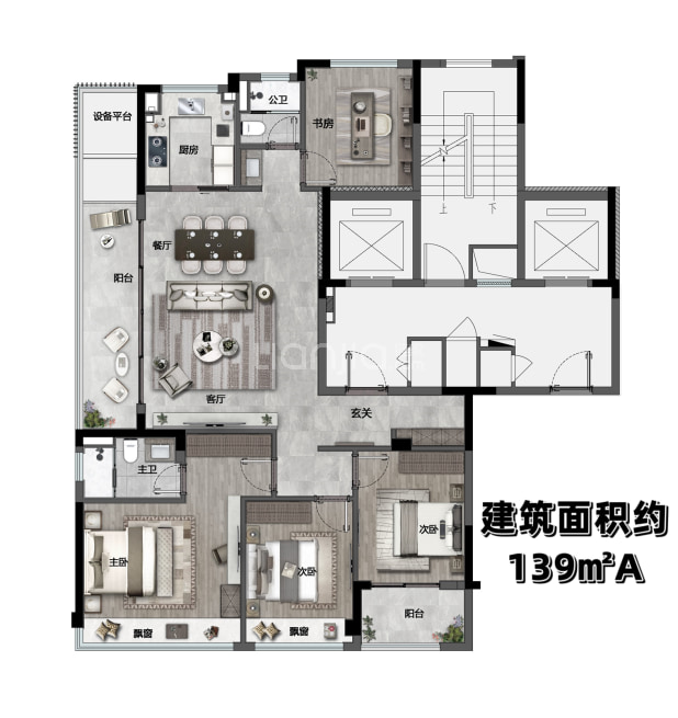 居室：4室2厅2卫 建面：139m²