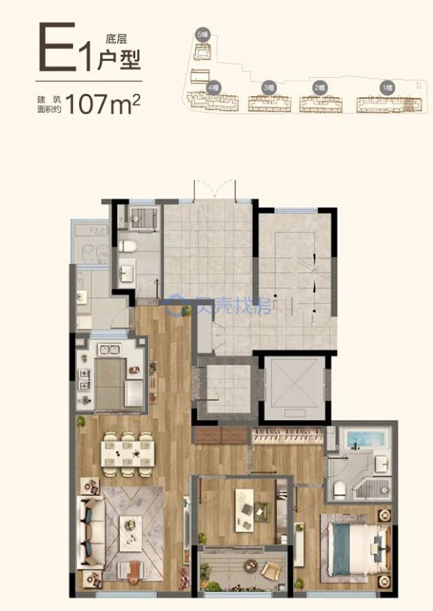 居室：2室2厅2卫 建面：107m²