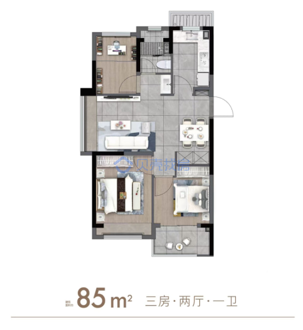 居室：3室2厅1卫 建面：85m²