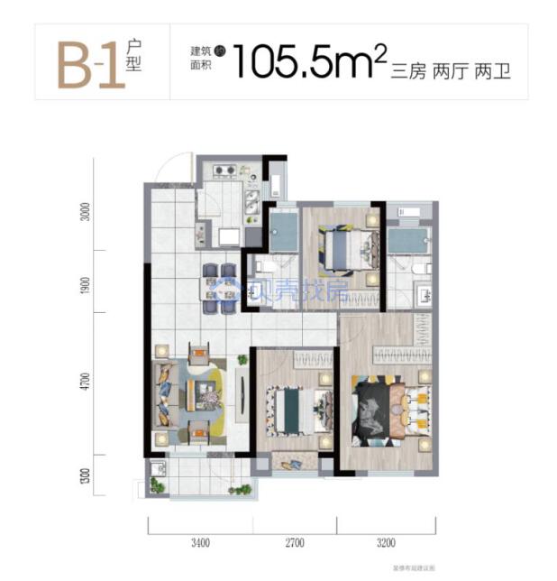 居室：3室2厅2卫 建面：105.5m²
