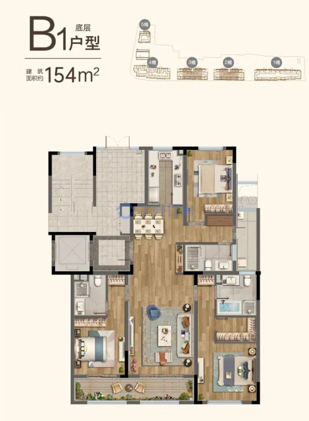 居室：3室2厅3卫 建面：154m²