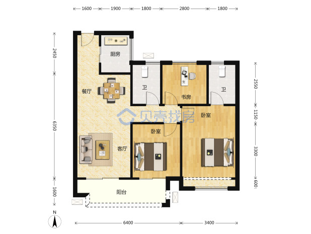 居室：3室2厅2卫 建面：95m²