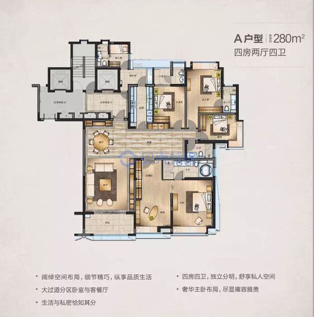 居室：4室2厅4卫 建面：280m²
