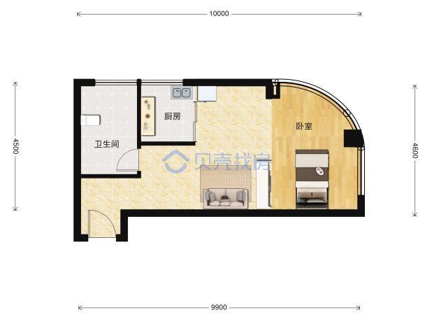 居室：1室2厅1卫 建面：56.82m²