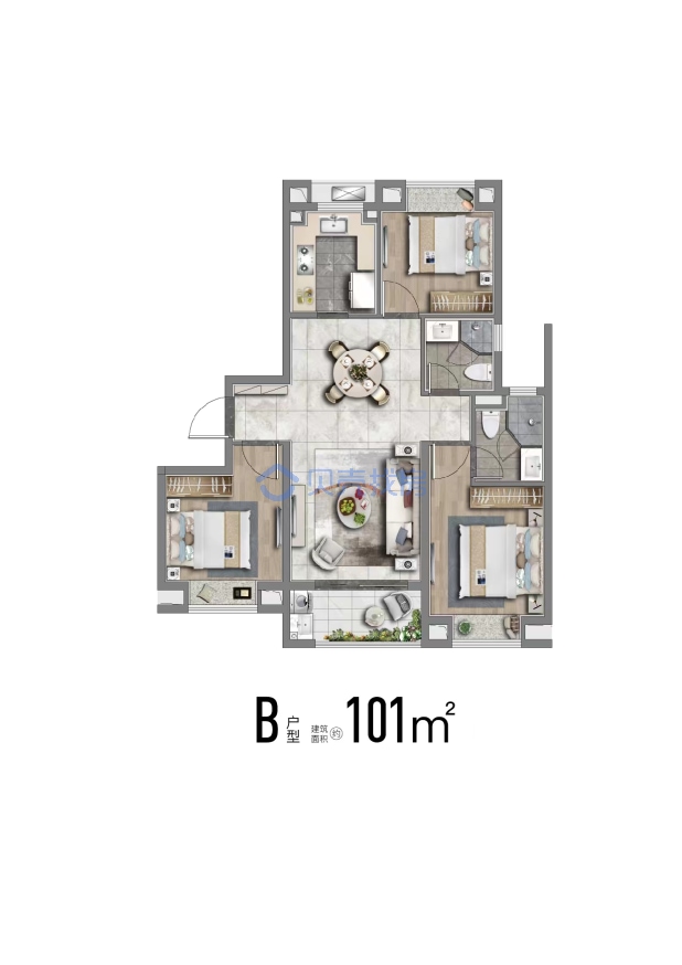 居室：3室2厅2卫 建面：101m²
