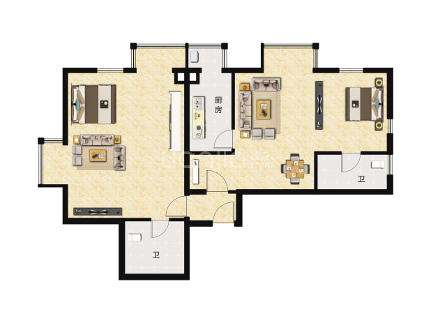 居室：1室2厅2卫 建面：122.39m²