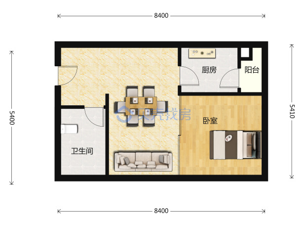 居室：1室2厅1卫 建面：59.23m²
