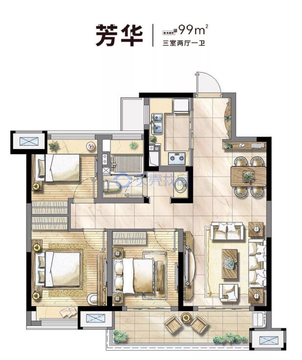 居室：3室2厅1卫 建面：99m²