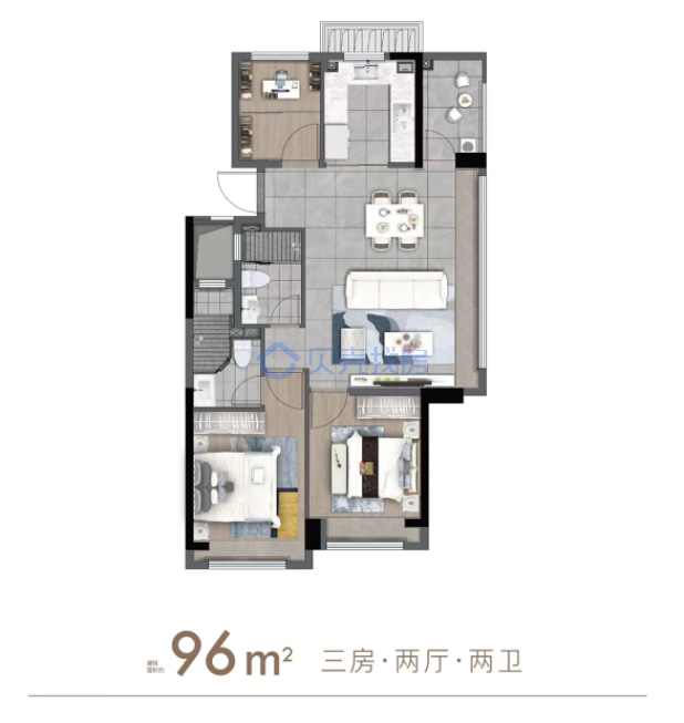 居室：3室2厅2卫 建面：96m²