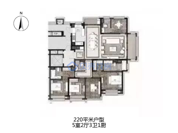 居室：5室2厅3卫 建面：220m²