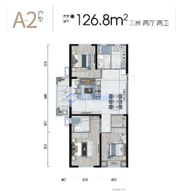 居室：3室2厅2卫 建面：126.8m²