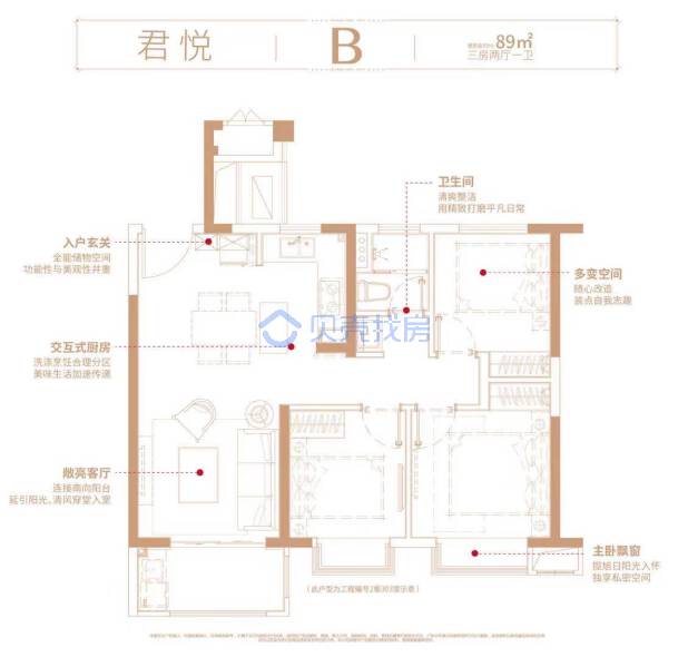 居室：3室2厅1卫 建面：89m²
