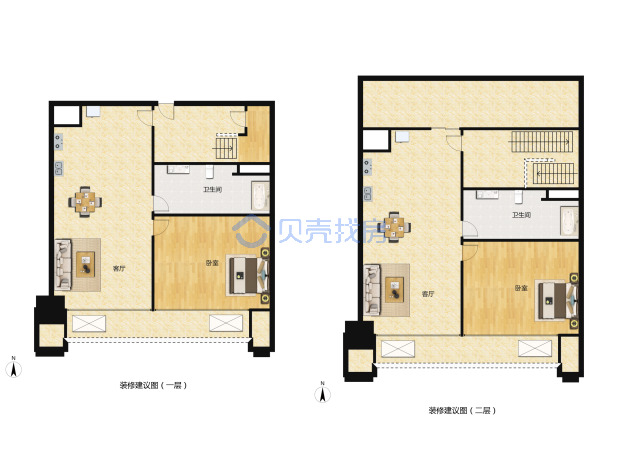 居室：2室2厅2卫 建面：45m²