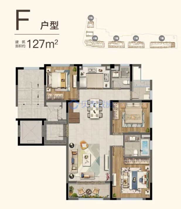 居室：3室2厅2卫 建面：127m²