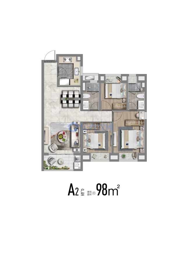 居室：3室2厅2卫 建面：98m²