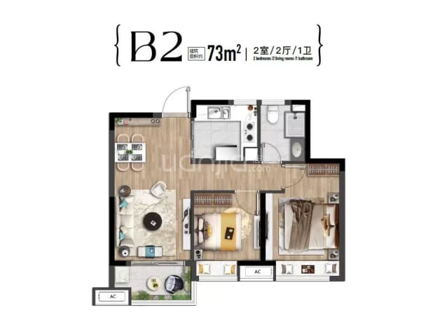 居室：2室2厅1卫 建面：73m²