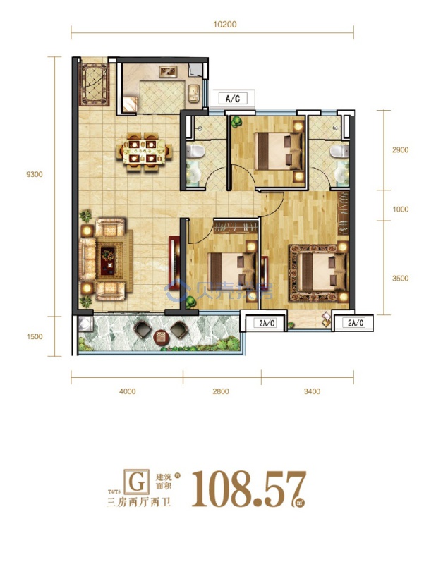 居室：3室2厅2卫 建面：108.57m²