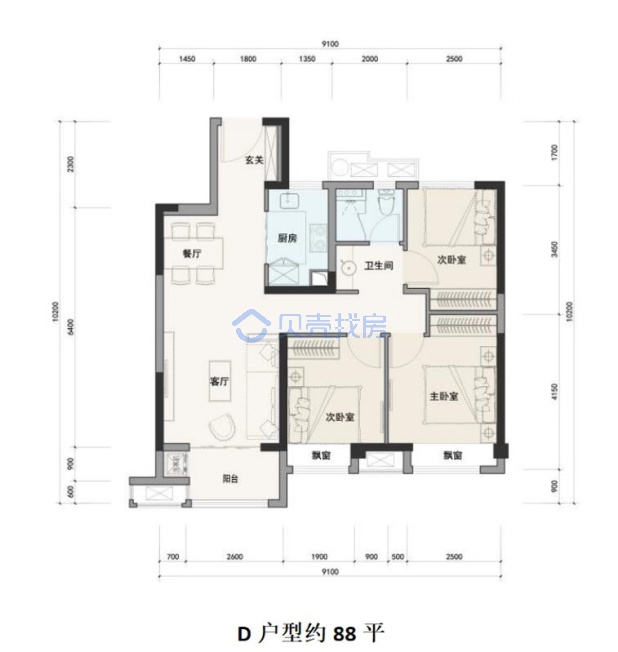 居室：3室2厅1卫 建面：88m²