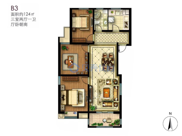 居室：3室2厅1卫 建面：124m²